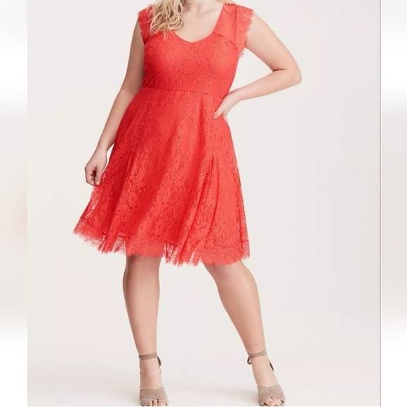 Torrid Lace V-Neck Skater Dress Coral Pink Red #72653 Women's Plus Size 12 (0) - Picture 1 of 8